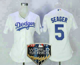 Women's Los Angeles Dodgers #5 Corey Seager White Home 2018 World Series Patch Stitched MLB Cool Base Jersey