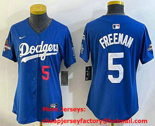 Women's Los Angeles Dodgers #5 Freddie Freeman Blue 2024 World Series Champions Fernando 34 Patch Limited Fashion Jersey