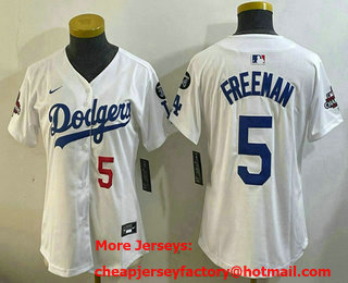Women's Los Angeles Dodgers #5 Freddie Freeman White 2024 World Series Champions Fernando 34 Patch Limited Fashion Jersey