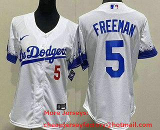 Women's Los Angeles Dodgers #5 Freddie Freeman White City Red Number Cool Base Jersey