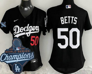 Women's Los Angeles Dodgers #50 Mookie Betts Black 2025 World Series Champions Limited Jersey