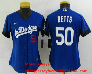 Women's Los Angeles Dodgers #50 Mookie Betts Blue 2021 City Connect Number Cool Base Stitched Jersey