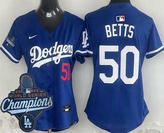 Women's Los Angeles Dodgers #50 Mookie Betts Blue 2025 World Series Champions Limited Jersey