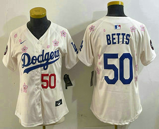 Women's Los Angeles Dodgers #50 Mookie Betts Cream 2025 Tokyo Series Limited Jersey