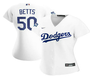 Women's Los Angeles Dodgers #50 Mookie Betts White 2020 World Series Champions Stitched MLB Cool Base Nike Jersey