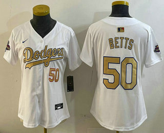 Women's Los Angeles Dodgers #50 Mookie Betts White 2025 Gold Collection Limited Stitched Jersey