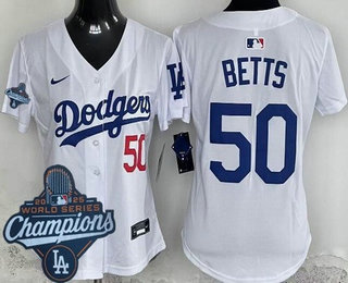 Women's Los Angeles Dodgers #50 Mookie Betts White 2025 World Series Champions Limited Jersey