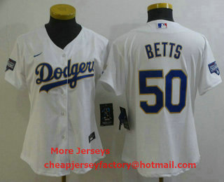 Women's Los Angeles Dodgers #50 Mookie Betts White Gold Championship Stitched MLB Cool Base Nike Jersey