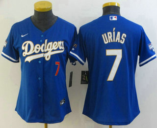 Women's Los Angeles Dodgers #7 Julio Urias Red Number Blue Gold Championship Stitched MLB Cool Base Nike Jersey