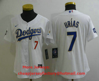 Women's Los Angeles Dodgers #7 Julio Urias Red Number White Gold Championship Stitched MLB Cool Base Nike Jersey