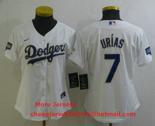 Women's Los Angeles Dodgers #7 Julio Urias White Gold Championship Stitched MLB Cool Base Nike Jersey