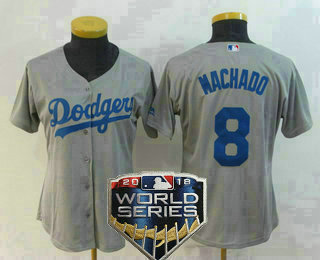 Women's Los Angeles Dodgers #8 Manny Machado Gray Alternate 2018 World Series Patch Stitched MLB Cool Base Jersey