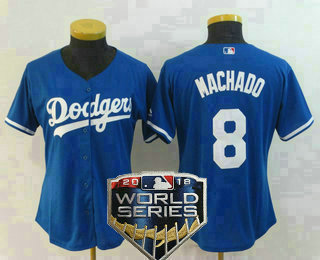 Women's Los Angeles Dodgers #8 Manny Machado Royal Blue 2018 World Series Patch Stitched MLB Cool Base Jersey