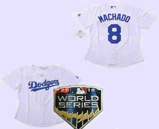 Women's Los Angeles Dodgers #8 Manny Machado White Home 2018 World Series Patch Cool Base Jersey