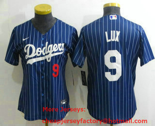 Women's Los Angeles Dodgers #9 Gavin Lux Navy Blue Pinstripe Stitched MLB Cool Base Nike Jersey