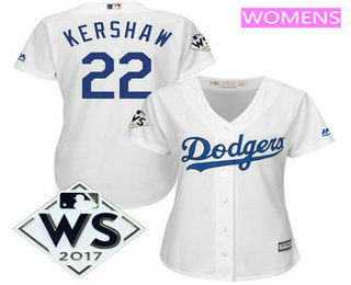 Women's Los Angeles Dodgers Clayton Kershaw White 2017 World Series Patch Cool Base Player Jersey