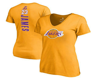 Women's Los Angeles Lakers 23 LeBron James Gold Backer Name & Number T-Shirt