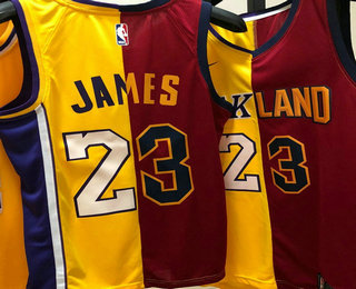 Women's Los Angeles Lakers with Cleveland #23 LeBron James Yellow With Red Two Tone Printed Swingman Nike Jersey