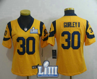 Women's Los Angeles Rams #30 Todd Gurley Gold 2019 Super Bowl LIII Patch Color Rush Stitched NFL Nike Limited Jersey