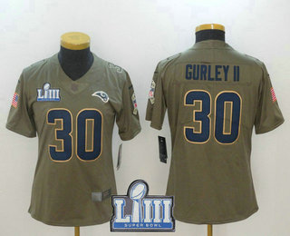 Women's Los Angeles Rams #30 Todd Gurley II Olive 2019 Super Bowl LIII Patch Salute To Service Stitched NFL Nike Limited Jersey