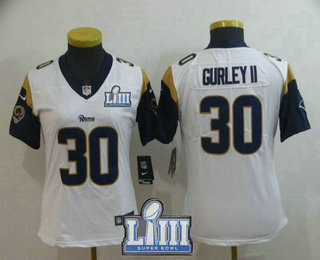 Women's Los Angeles Rams #30 Todd Gurley II White 2019 Super Bowl LIII Patch Vapor Untouchable Stitched NFL Nike Limited Jersey