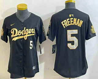 Women's Los Men's Los Angeles Dodgers #5 Freddie Freeman Black Gold 2024 World Series 34 Patch Stitched Cool Base Jersey 11