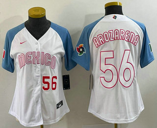Women's Mexico Baseball #56 Randy Arozarena Number 2023 White Blue World Classic Stitched Jersey 201