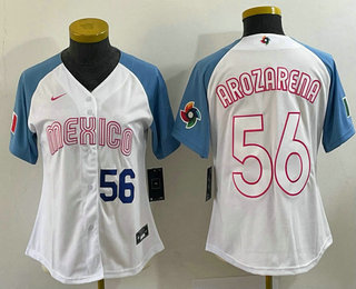 Women's Mexico Baseball #56 Randy Arozarena Number 2023 White Blue World Classic Stitched Jersey 202