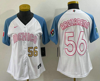 Women's Mexico Baseball #56 Randy Arozarena Number 2023 White Blue World Classic Stitched Jersey 204