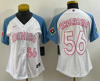 Women's Mexico Baseball #56 Randy Arozarena Number 2023 White Blue World Classic Stitched Jersey 205