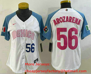 Women's Mexico Baseball #56 Randy Arozarena Number 2023 White Blue World Classic Stitched Jersey 208
