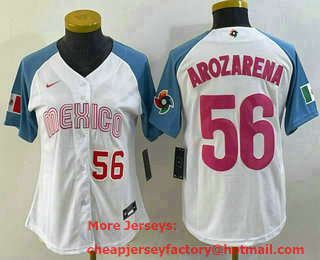 Women's Mexico Baseball #56 Randy Arozarena Number 2023 White Blue World Classic Stitched Jersey 210