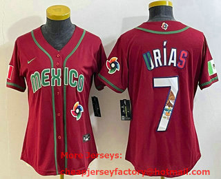 Women's Mexico Baseball #7 Julio Urias 2023 Red World Baseball Classic Stitched Jersey 03