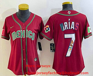 Women's Mexico Baseball #7 Julio Urias 2023 Red World Baseball Classic Stitched Jersey 05