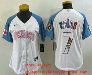 Women's Mexico Baseball #7 Julio Urias 2023 White Blue World Classic Stitched Jersey 11
