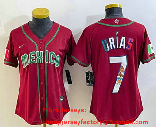 Women's Mexico Baseball #7 Julio Urias Number 2023 Red World Baseball Classic Stitched Jersey 04