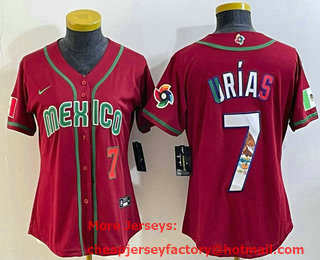 Women's Mexico Baseball #7 Julio Urias Number 2023 Red World Baseball Classic Stitched Jersey 08