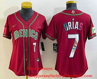 Women's Mexico Baseball #7 Julio Urias Number 2023 Red World Baseball Classic Stitched Jersey 11
