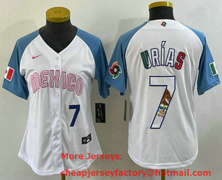 Women's Mexico Baseball #7 Julio Urias Number 2023 White Blue World Classic Stitched Jersey 11