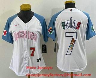 Women's Mexico Baseball #7 Julio Urias Number 2023 White Blue World Classic Stitched Jersey 13