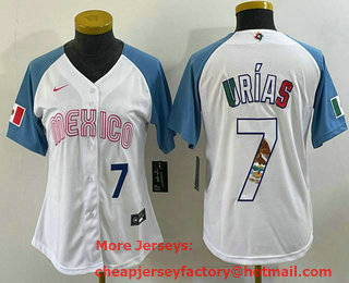 Women's Mexico Baseball #7 Julio Urias Number 2023 White Blue World Classic Stitched Jersey 15
