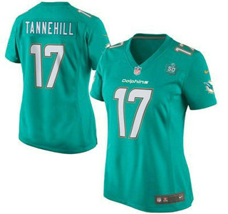 Women's Miami Dolphins #17 Ryan Tannehill Aqua Green Team Color 2015 NFL 50th Patch Nike Game Jersey