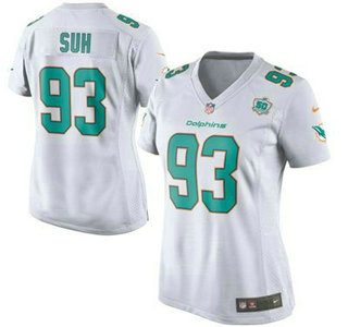 Women's Miami Dolphins #93 Ndamukong Suh White Road 2015 NFL 50th Patch Nike Game Jersey
