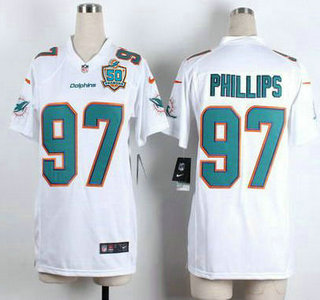 Women's Miami Dolphins #97 Jordan Phillips White Road 2015 NFL 50th Patch Nike Game Jersey