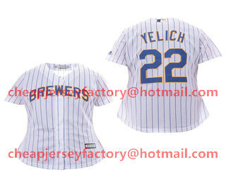Women's Milwaukee Brewers #22 Christian Yelich White Pinstripe Stitched MLB Cool Base Jersey