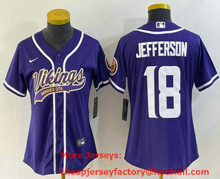 Women's Minnesota Vikings #18 Justin Jefferson Purple With Patch Cool Base Stitched Baseball Jersey