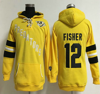 Women's Nashville Predators #12 Mike Fisher Old Time Hockey Yellow Hoodie