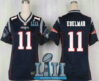 Women's New England Patriots #11 Julian Edelman NEW Navy Blue Team Color 2018 Super Bowl LII Patch Stitched NFL Nike Game Jersey