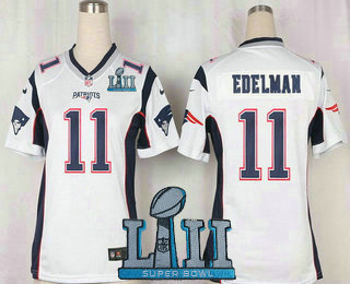 Women's New England Patriots #11 Julian Edelman NEW White Road 2018 Super Bowl LII Patch Stitched NFL Nike Game Jersey