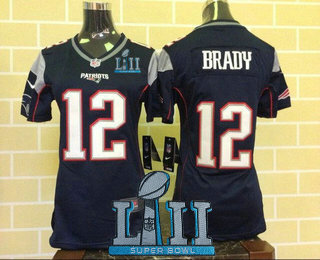 Women's New England Patriots #12 Tom Brady NEW Navy Blue Team Color 2018 Super Bowl LII Patch Stitched NFL Nike Game Jersey
